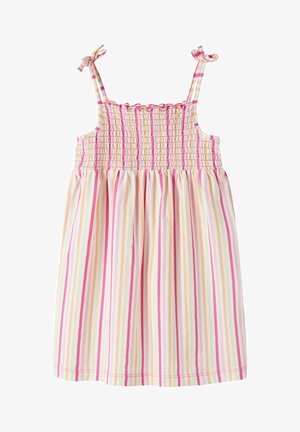 Sukienka dla maluszka bez rękawów z różowymi, żółtymi i białymi pionowymi paskami, marszczonym stanikiem i wiązanymi ramiączkami.