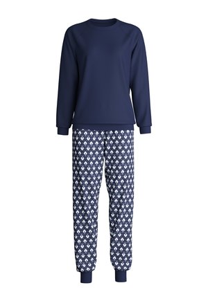 Marineblauw langermelig shirt gecombineerd met marineblauwe en witte pyjamabroek met omslagen, weergegeven op een witte achtergrond.