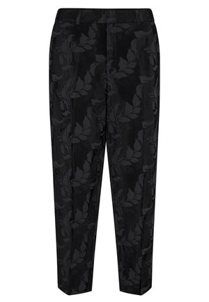 Sorte skræddersyede bukser med subtilt mørkt blomsterjacquardmønster, lige ben og linning med bæltestropper.