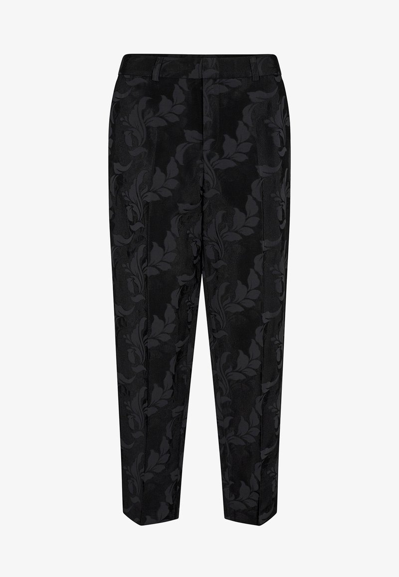 Pantalon noir sur mesure avec un motif jacquard floral sombre subtil, coupe droite, et taille avec passants pour ceinture.