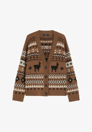 Cardigan lavorato a maglia marrone con scollatura a V, motivi geometrici e motivi di lama nera. Cinque bottoni neri, polsini e orlo a costine.