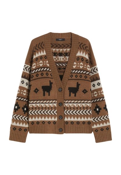 Cardigan lavorato a maglia marrone con scollatura a V, motivi geometrici e motivi di lama nera. Cinque bottoni neri, polsini e orlo a costine.