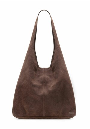 Brązowa zamszowa torba na ramię z pojedynczym szerokim paskiem i subtelnym pionowym szwem pośrodku na białym tle.