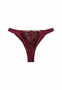 Panglică burgundy cu față din plasă transparentă, având broderie florală, din material satinat, cu deschideri laterale înalte și bretele înguste.