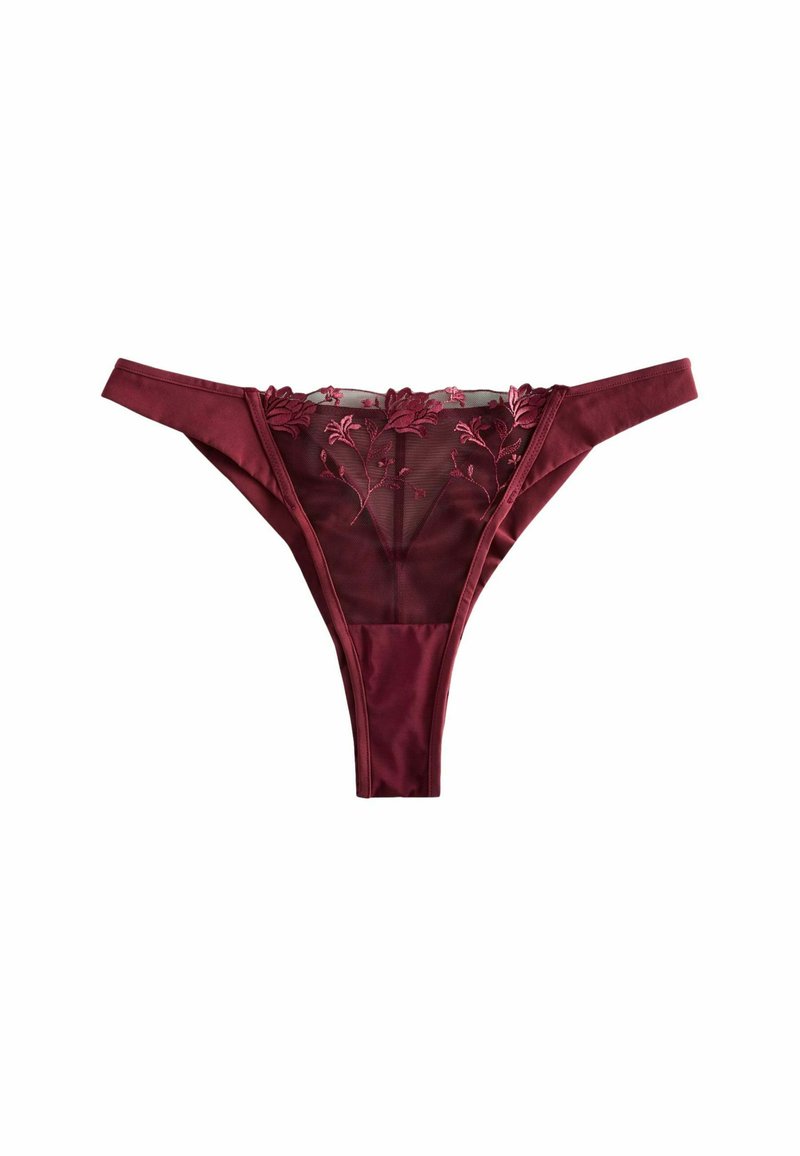 Panglică burgundy cu față din plasă transparentă, având broderie florală, din material satinat, cu deschideri laterale înalte și bretele înguste.