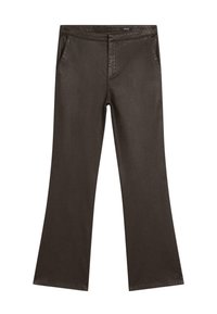 Donkerbruine rechte broek met zijzakken en een tailleband, plat weergegeven op een witte achtergrond.