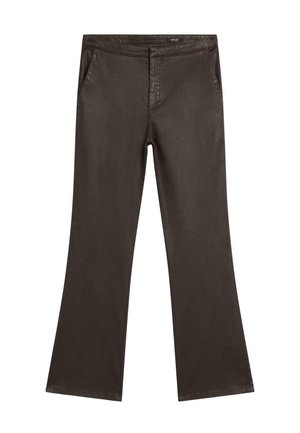 Pantaloni dritti marrone scuro con tasche laterali e vita, esposti piatti su uno sfondo bianco.