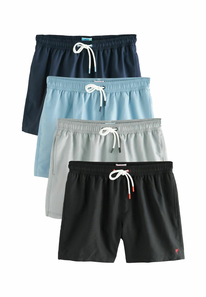 Shorts de bain pour hommes disponibles en quatre couleurs : bleu marine, bleu clair, gris et noir. Chacun d'eux est doté d'une taille élastique et d'un cordon de serrage ajustable.
