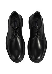 Schwarze Lederschuhe mit glatter Oberfläche, runder Zehenform und Schnürdesign. Mit feinen Nähten und einer gepolsterten Innenauskleidung.