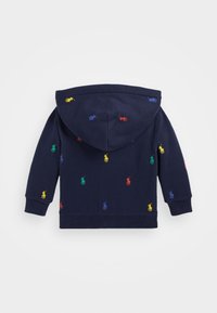 Navy blue hoodie with a drawstring, featuring multicolored embroidered logos scattered across the back. Cotton blend fabric, soft texture.