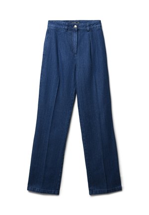 Pantaloni in denim blu scuro con un design a gamba dritta, dotati di chiusura a bottoni e due tasche frontali. Texture liscia e stile classico.