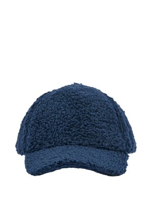 Gorra de béisbol de lana texturizada azul oscuro con una visera curvada y superficie suave y afelpada.