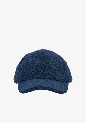 Gorra de béisbol de lana texturizada azul oscuro con una visera curvada y superficie suave y afelpada.