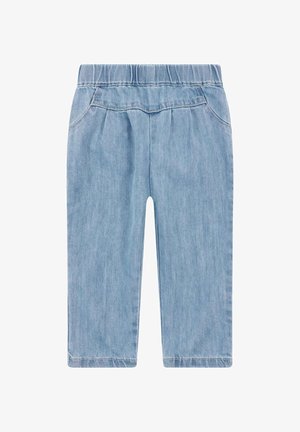 Pantalones de mezclilla azul claro con cintura elástica, que cuentan con bolsillos frontales, corte recto y una superficie lisa y texturizada.