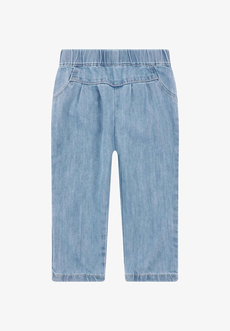 Pantaloni in denim azzurro chiaro con vita elasticizzata, dotati di tasche frontali, taglio dritto e superficie liscia e testurizzata.