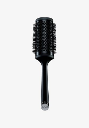 Runde schwarze Haarbürste mit metallicfarbigem Griff, ausgestattet mit Silikonborsten und einem perforierten Zylinder für die Wärmeverteilung. Ideal für das Styling.