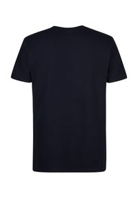 T-shirt bleu marine foncé à manches courtes, en tissu côtelé, avec un col rond et un dos uni.