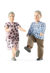 Zwei Plastikpuppen: Eine trägt ein pinkes Kleid mit schwarzen Blumen, die andere ein blau kariertes Hemd und beigende Hosen. Beide haben graue Schuhe.