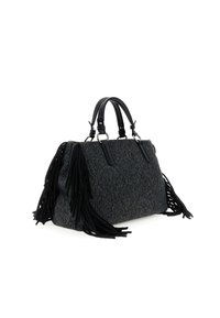 Borsa a tracolla nera e grigia con texture, dettagli con frange, doppio manico nero e accenti in metallo. Forma rettangolare.