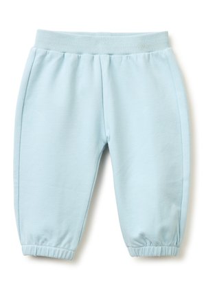 Lichtblauwe babybroek met elastische tailleband en boorden, gemaakt van zachte stof voor comfort en bewegingsvrijheid.