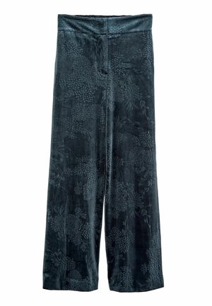 Samtweite-Hosen in dunklem Grün mit floralem Muster und Stickereien. Sie verfügen über einen hohen Bund für eine bequeme Passform.