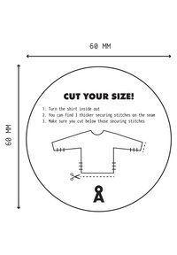 Kreis mit einem Durchmesser von 60 mm mit Anweisungen, ein Hemd innen rechts zu schneiden, wobei Sicherungsnähte und gestrichelte Schnittlinien auf einer Pullover-Grafik angezeigt werden.