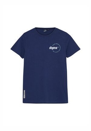 T-shirt en coton bleu marine à manches courtes, col rond, avec un graphique frontal mettant en avant "Denim Association" et un logo sur la poitrine.