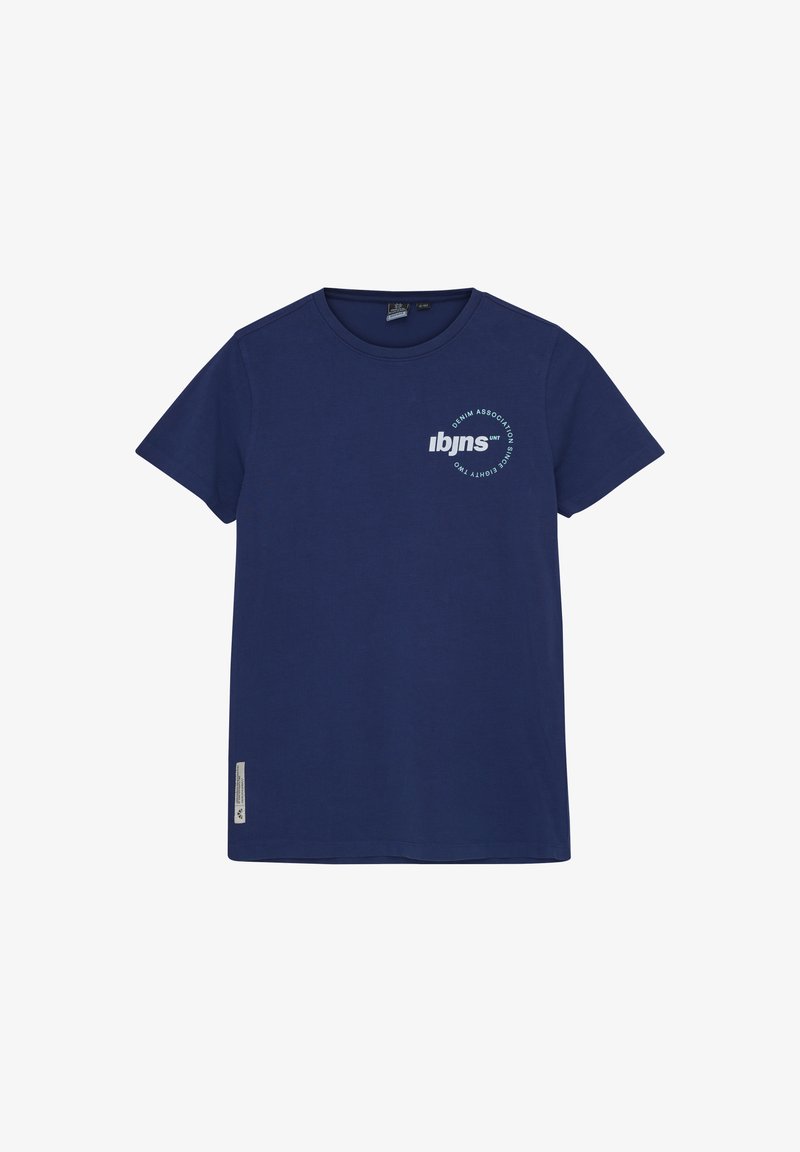 Navyblaues Baumwoll-T-Shirt mit kurzen Ärmeln, Rundhalsausschnitt und einem Frontdruck, der "Denim Association" und das Logo auf der Brust zeigt.