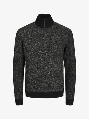 Mustvalge ja halli värvi tõmblukuga sviiter, mis on valmistatud tekstuurse kudumismiss, omab soonikkoes kraed ja varrukaid, klassikaline lõige ja peen täppide muster.