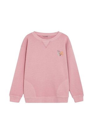 Sudadera rosa con cuello redondo, mangas largas y un pequeño logo geométrico multicolor en la parte superior izquierda del pecho.