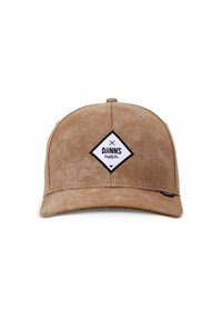 Tan cap with a slightly textured surface, featuring a white diamond-shaped logo patch that reads "Djinns Supply Co." on the front.