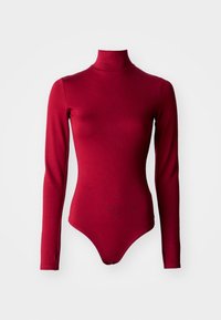 Červený dlhý rukáv body s vysokým golierom, vyrobený z elastického materiálu. Obsahuje priliehavý strih a výrezy na manžetách.