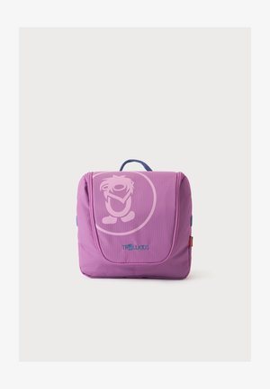 Sac pour enfants compact violet avec poignée, avec un logo de personnage de dessin animé et le nom de la marque "Trollkids" sur le devant.