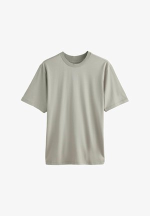 Graues Baumwoll-T-Shirt mit rundem Ausschnitt, kurzen Ärmeln und lockerer Passform. Glatte Textur ohne sichtbare Muster.