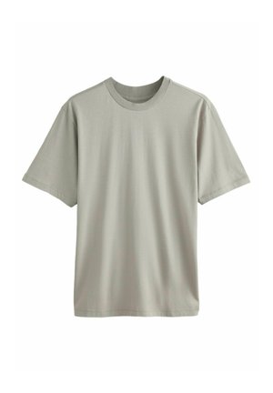 Lys grå bomulds t-shirt med rund halsudskæring, korte ærmer og en simpel, glat tekstur, uden synlige logoer eller mønstre.