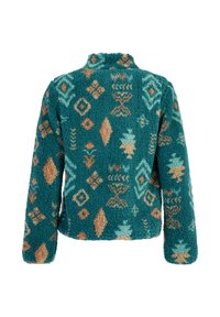 Teal fľašková bunda z fleece s dlhými rukávmi, vysokým golierom a geometrickými a stromovými vzormi v oranžovej a béžovej farbe, zobrazená zozadu.