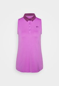 Débardeur en polo de couleur violet clair et foncé, fabriqué à partir d'un tissu lisse. Il comporte une patte de boutonnage et un petit logo à l'avant.