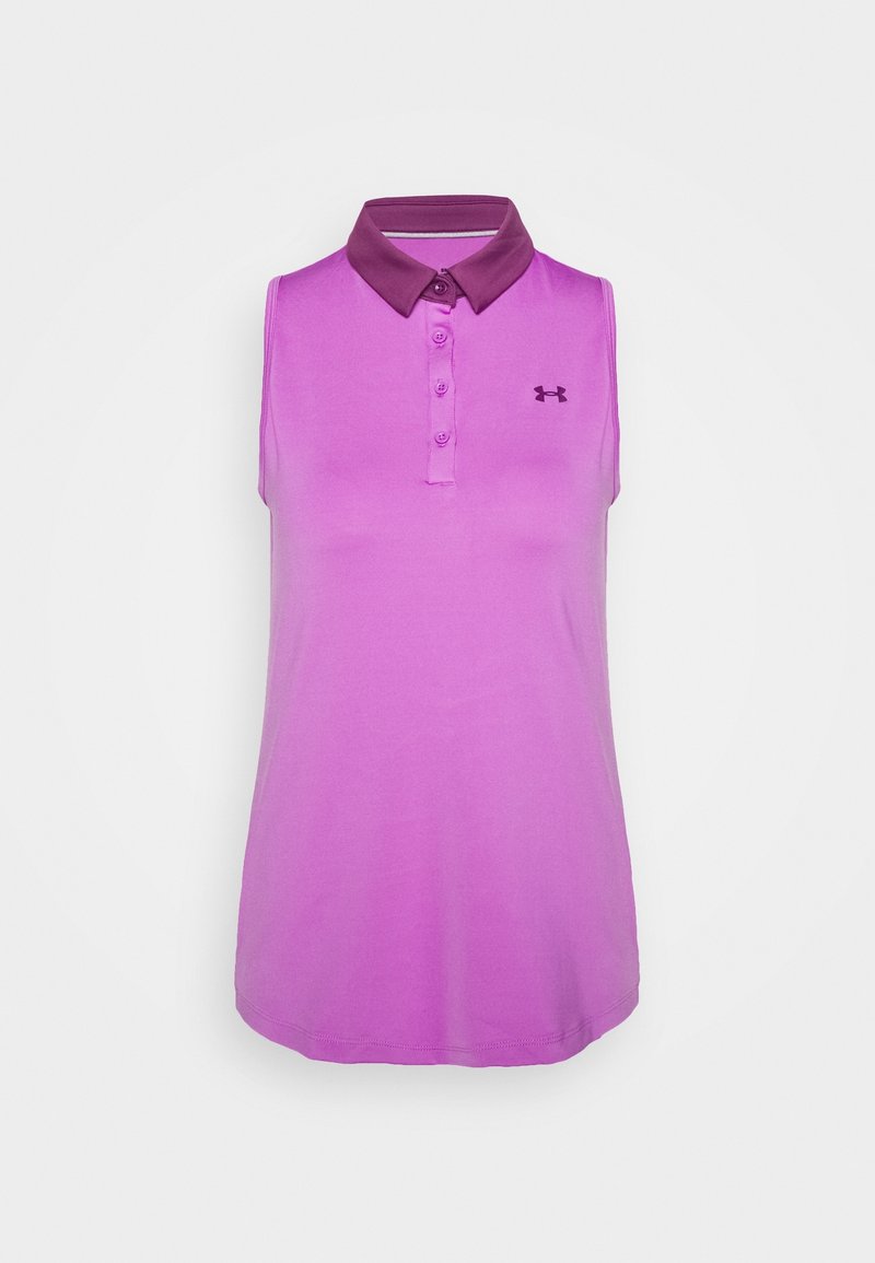 Débardeur en polo de couleur violet clair et foncé, fabriqué à partir d'un tissu lisse. Il comporte une patte de boutonnage et un petit logo à l'avant.