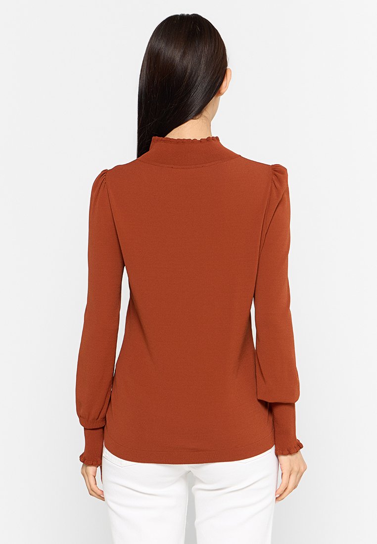 Rostfarbige Langarmbluse mit hohem Kragen, gepufften Schultern und strukturierten Rüschendetails an den Manschetten. Glattes Material, taillierte Passform.