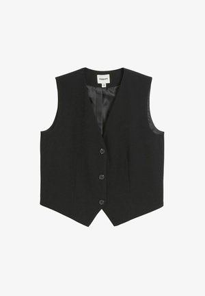 Sort ærmeløs vest lavet af glat stof med satinfor, med V-hals, fem-knaps lukning og uden lommer.