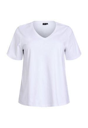 V-kaulus valkoinen T-paita, joka on valmistettu pehmeästä puuvillasta. Siinä on lyhyet hihat ja rento istuvuus. Ei näkyviä kuvioita tai yksityiskohtia.