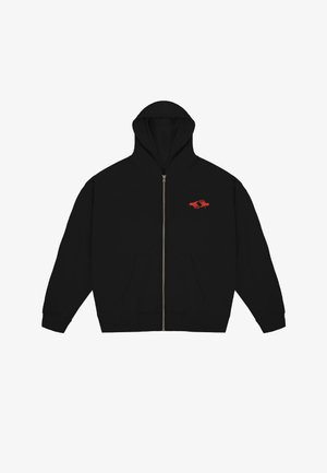 Mustassa vetoketjuhupparissa on etutasku ja punainen graafinen kuvitus vasemmassa rinnassa. Hupparissa on nyörillä säädettävä huppu ja joustavat hihansuut.