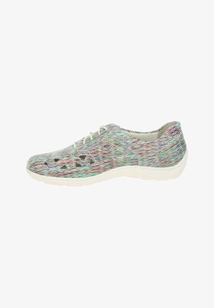 Laced, breathable sneaker in multicolor wavy pattern, with cut-outs for ventilation. White sole, textured fabric upper, lightweight design.