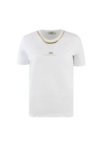 White cotton t-shirt with a round neckline, featuring a gold chain design and logo in gold text on the front. Short sleeves and straight hem.