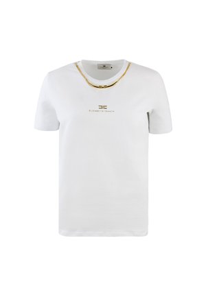 T-shirt en coton blanc avec un col rond, présentant un design de chaîne dorée et un logo en texte doré sur le devant. Manches courtes et ourlet droit.