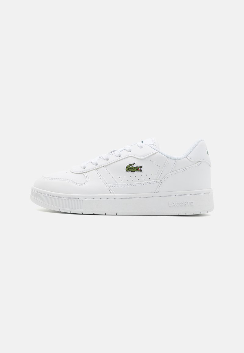 Hvite lær sneakers med en glatt tekstur, med en grønn brodert krokodille-logo og en hvit gummi såle. Enkel snøring design.