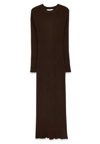 Kohvane ribadega kudumkleit pikade varrukatega ja ümmarguse kaelusega, millel on vormitud siluett ja veidi laienev serv allääres.