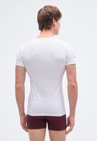 Witte getailleerde T-shirt met korte mouwen, zachte textuur en een ronde hals, gedragen met bordeauxrode getailleerde korte broek, met een effen achterzijde.