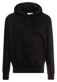 Schwarzer Pullover-Hoodie mit vordertasche, Kordelzugkapuze und gerippten Bündchen und Saum, mit "WEEKDAY" Etikett im Kragen.