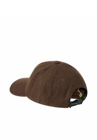 Braune Wollmütze mit gebogenem Schirm, verstellbarem Riemen hinten und Belüftungslöchern. Verfügt über ein strukturiertes Gewebe und dezente Nahtdetails.